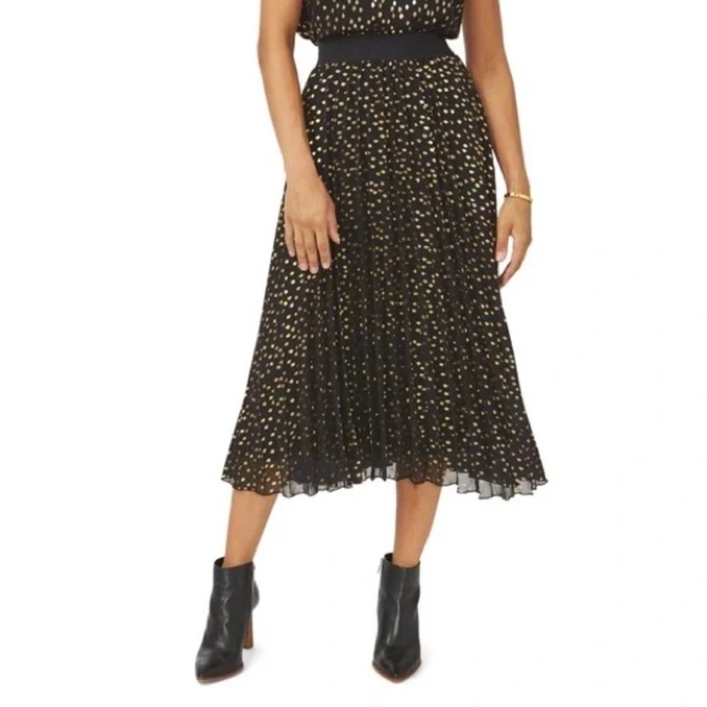 Vince Camuto Pleated Chiffon Foil Dot Midi Skirt - Size L, Black with Gold Dots